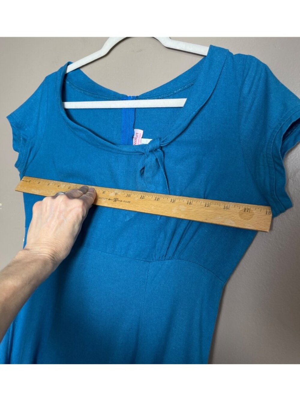 Vtg Heartbreaker Linen Blend Dress Fit Flare Empire Retro Blue Pin Up Midi Wom M - Picture 5 of 9